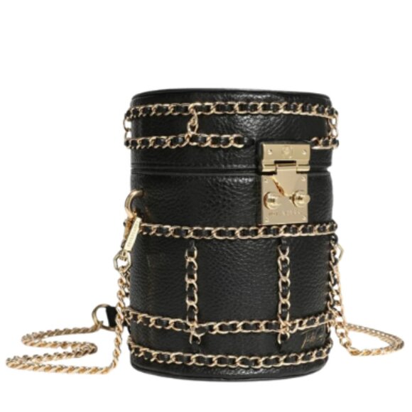 Tote & Carry Women's Mini Barrel Purse Chain Mix Strap Black & Gold - Picture 2 of 5